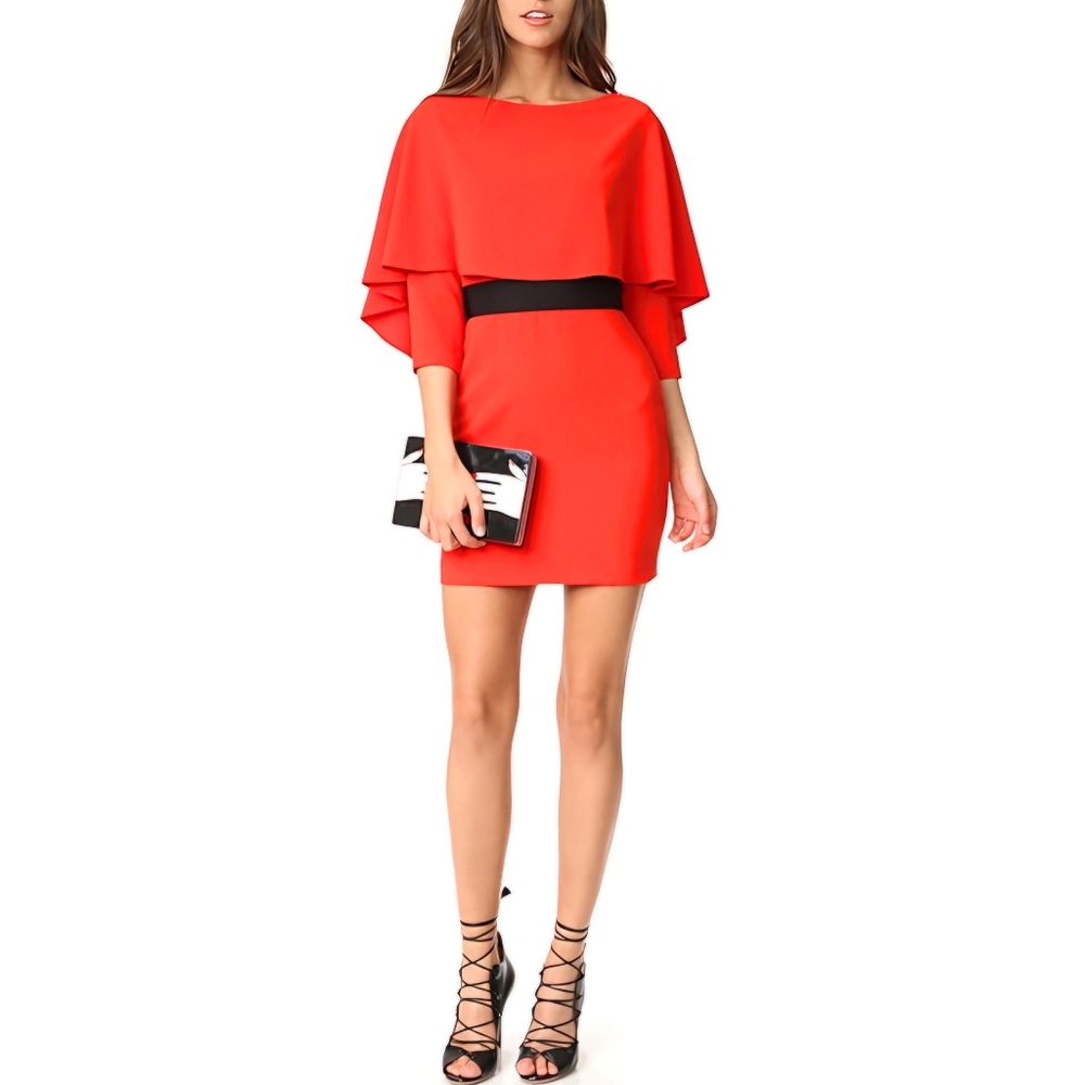 Alice + Olivia Cairo Boatneck Tiered-Overlay Dress in Poppy & Black